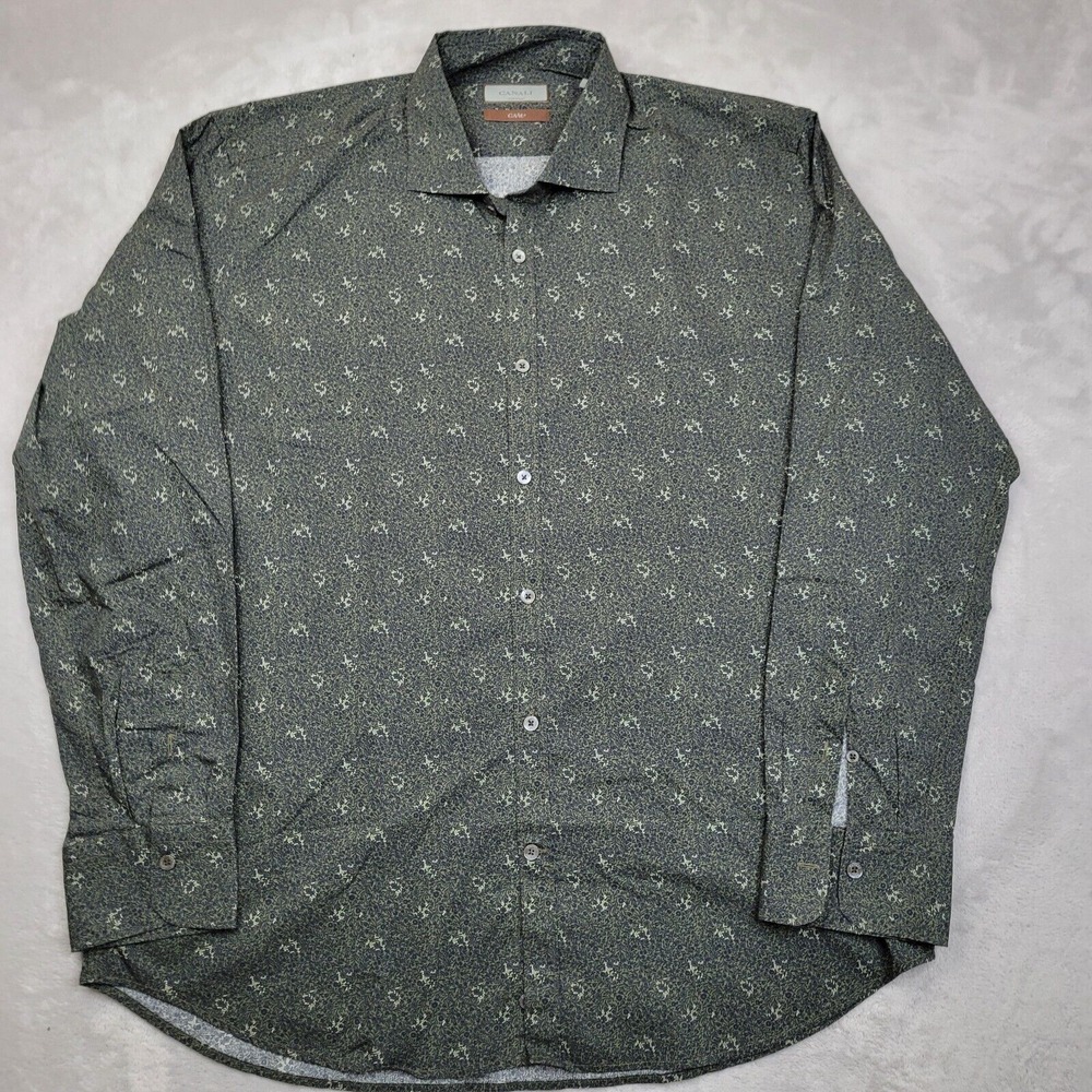 Canali Olive Green Floral Print Button-Down Shirt
